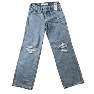 NWT Hollister Low-Rise Baggy Jeans Sz 23 Reg 000R Distressed Wide Leg Denim‎